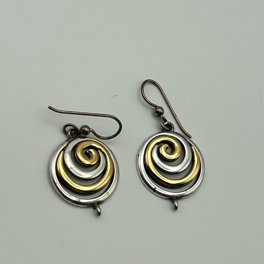 Two-Tone Spiral Earrings Gold Silver Plated 3/4"D Drop French Wire - Picture 2 of 8